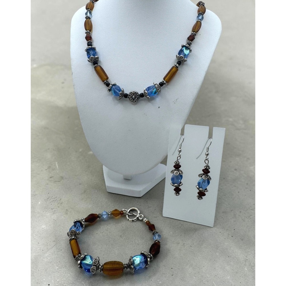 Boho Amber Iridescent Blue Glass Bead Necklace Bracelet Earring Jewelry Set